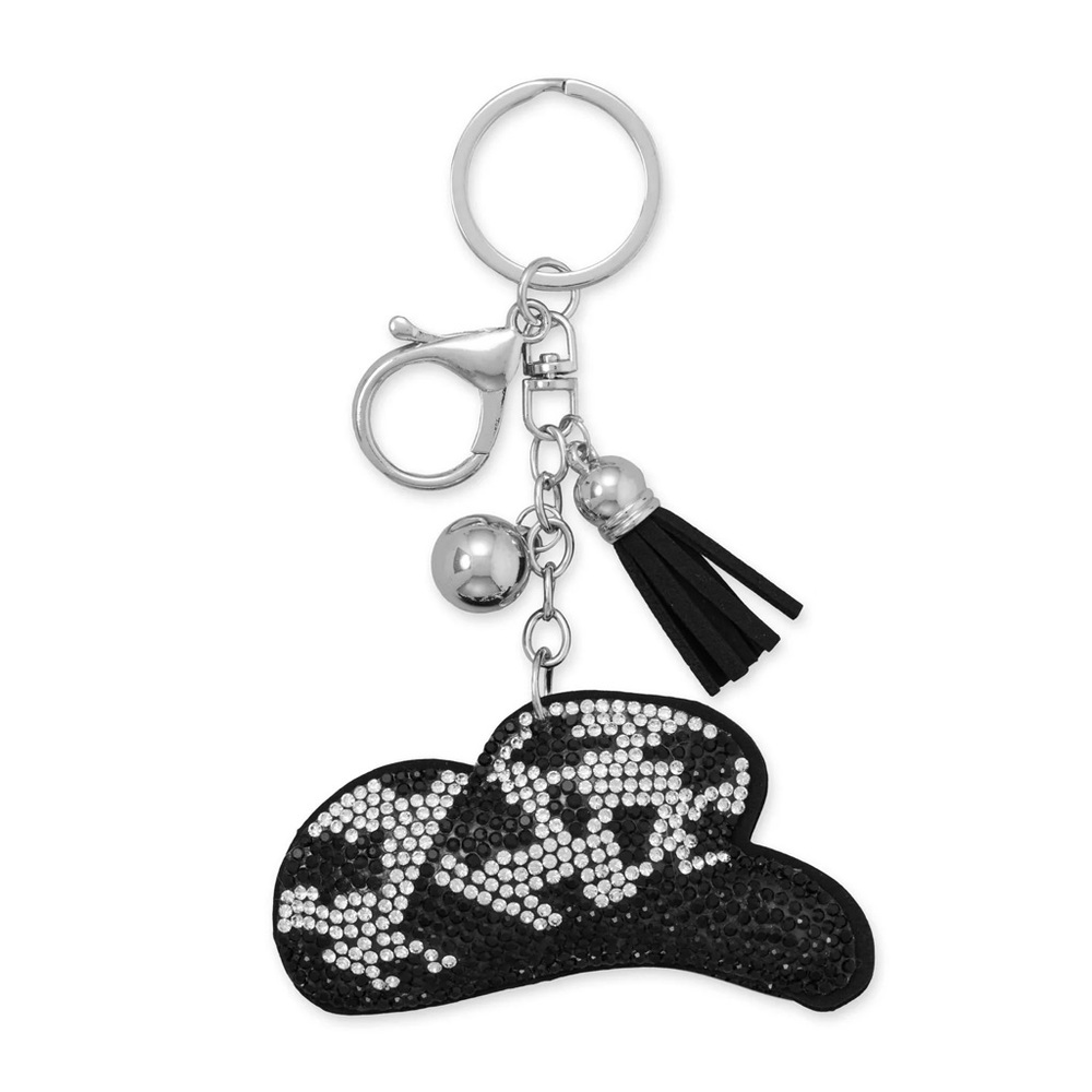 Cowgirl Hat Black and White Crystal Bag Charm Silver Tone - Picture 1 of 1